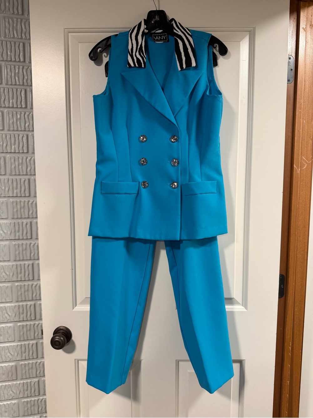 Vintage VANY NY Turquoise Pant Suit Set | Size 6 | Zebra Collar Statement Piece